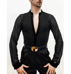 Men's youth velvet mesh latin ballroom dance shirts v neck mesh sleeves back stretchable tango waltz salsa flamenco dance body tops for male